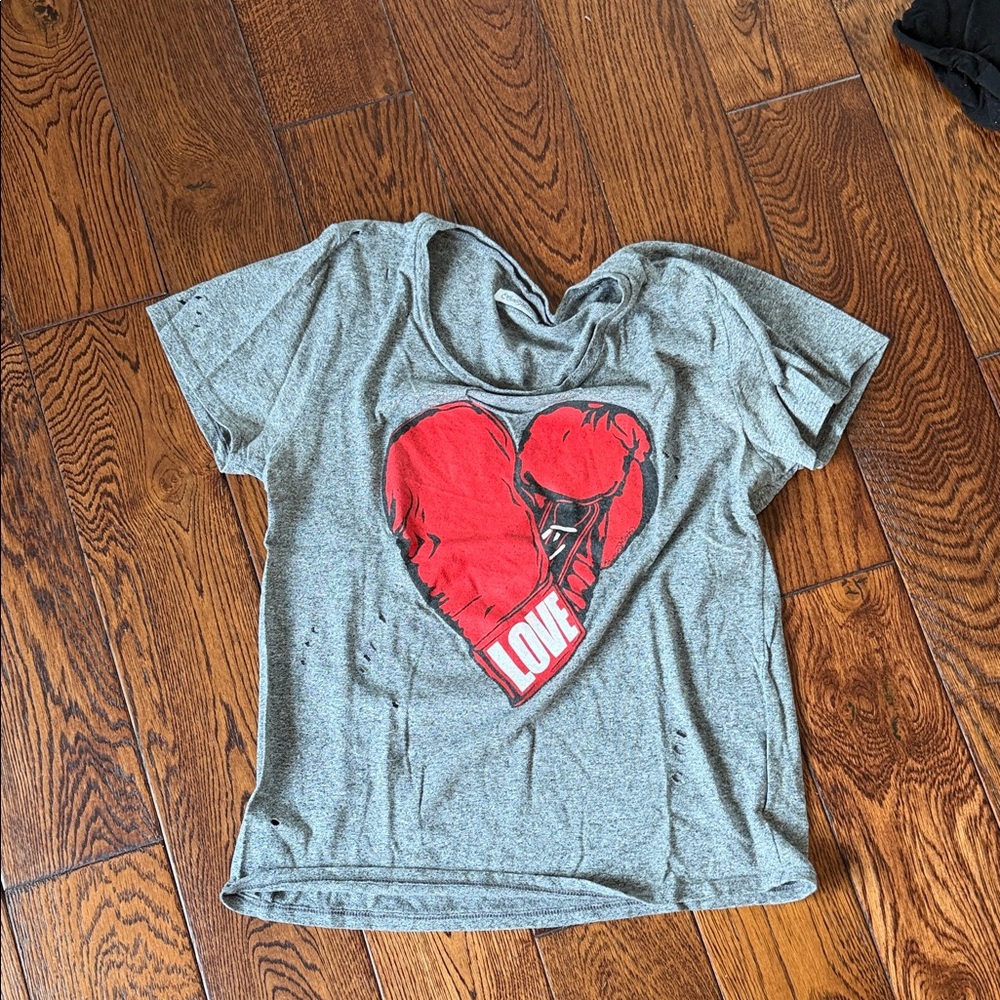 Gray Tee with Red Heart Boxing Graphic